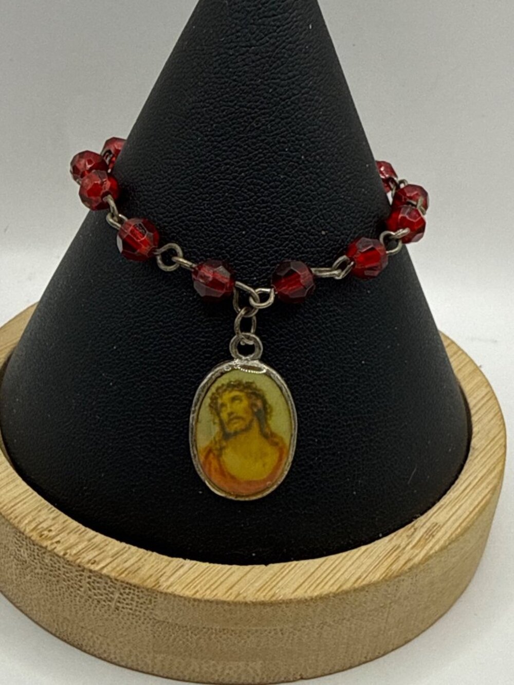 Vintage Red Crystal Rosary Bracelet Ecce Homo Jesus Medal